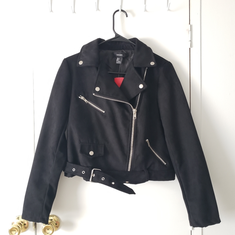 Forever 21 Black Faux Suede Moto Jacket Biker Girl Size Small NWOT